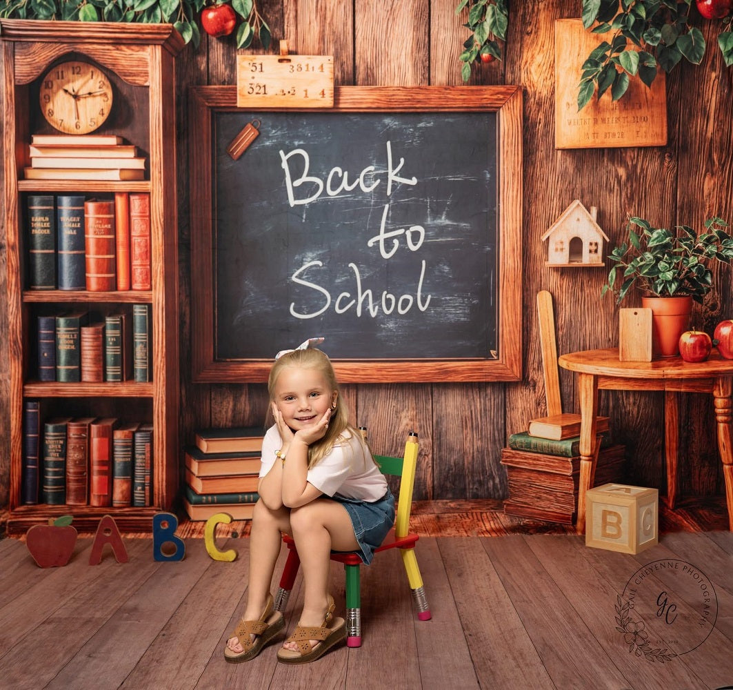 Back to School Blackboard Vintage Wooden Bookshelf Backdrop Designed by Emetselch
