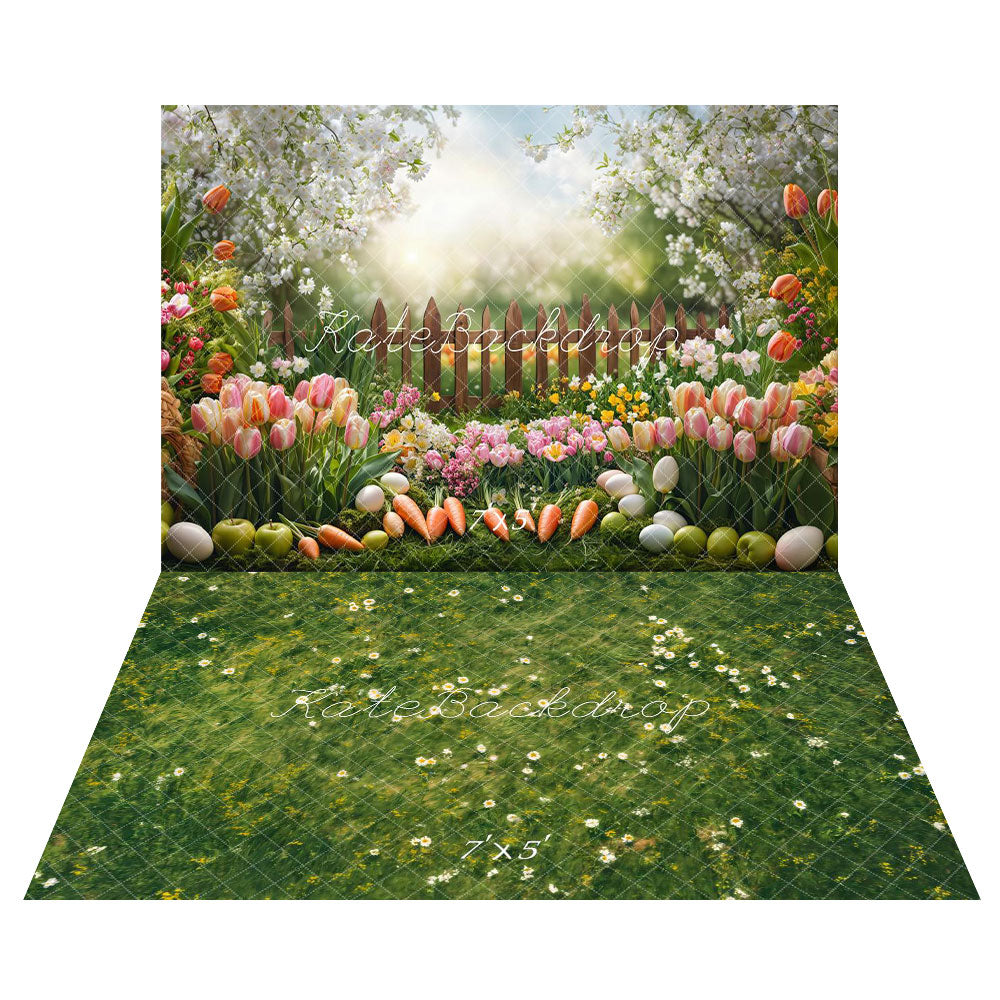 Kate Easter Garden Floral Carrots Fence Backdrop+Spring Grass White Flower Floor Backdrop