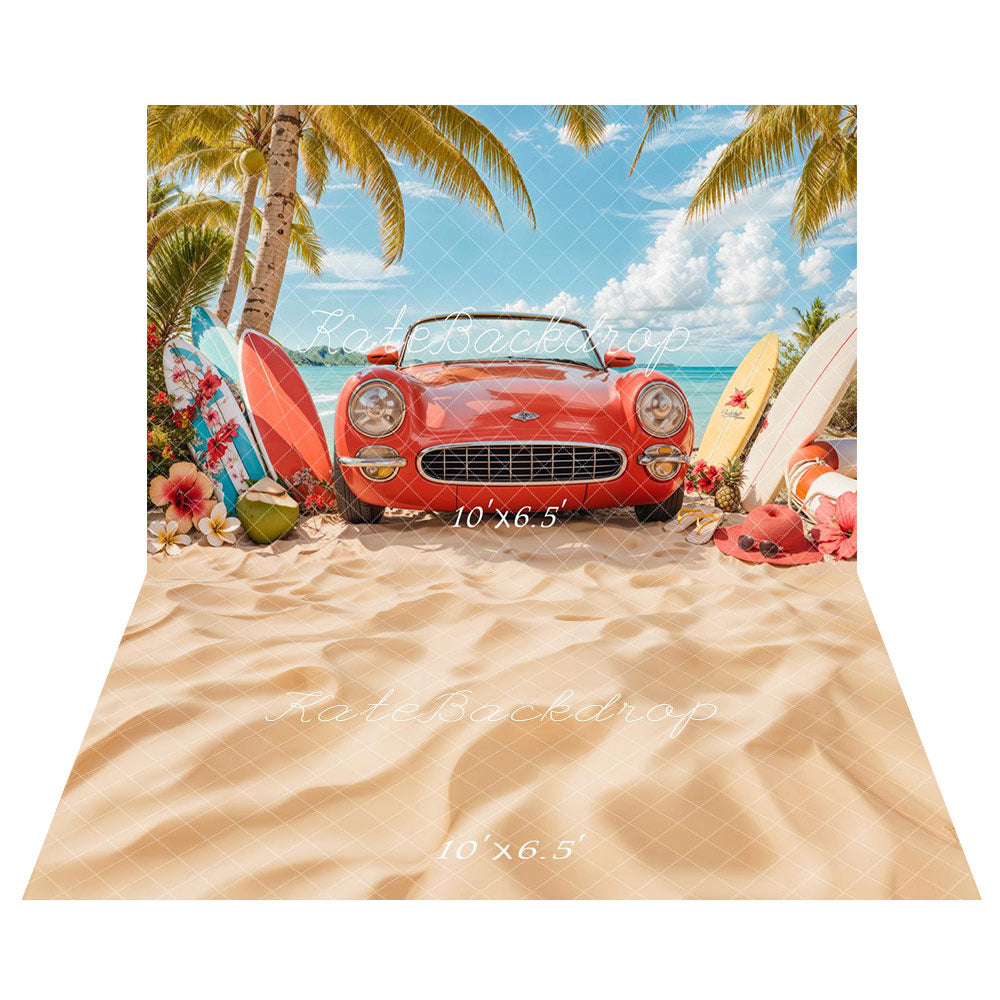 Kate Summer Beach Red Car Surf Backdrop+Beach Sand Floor Backdrop