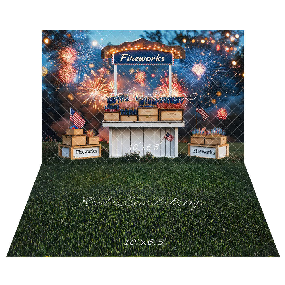Kate Independence Day Fireworks Stand Backdrop+Summer Dark Green Grass Floor Backdrop