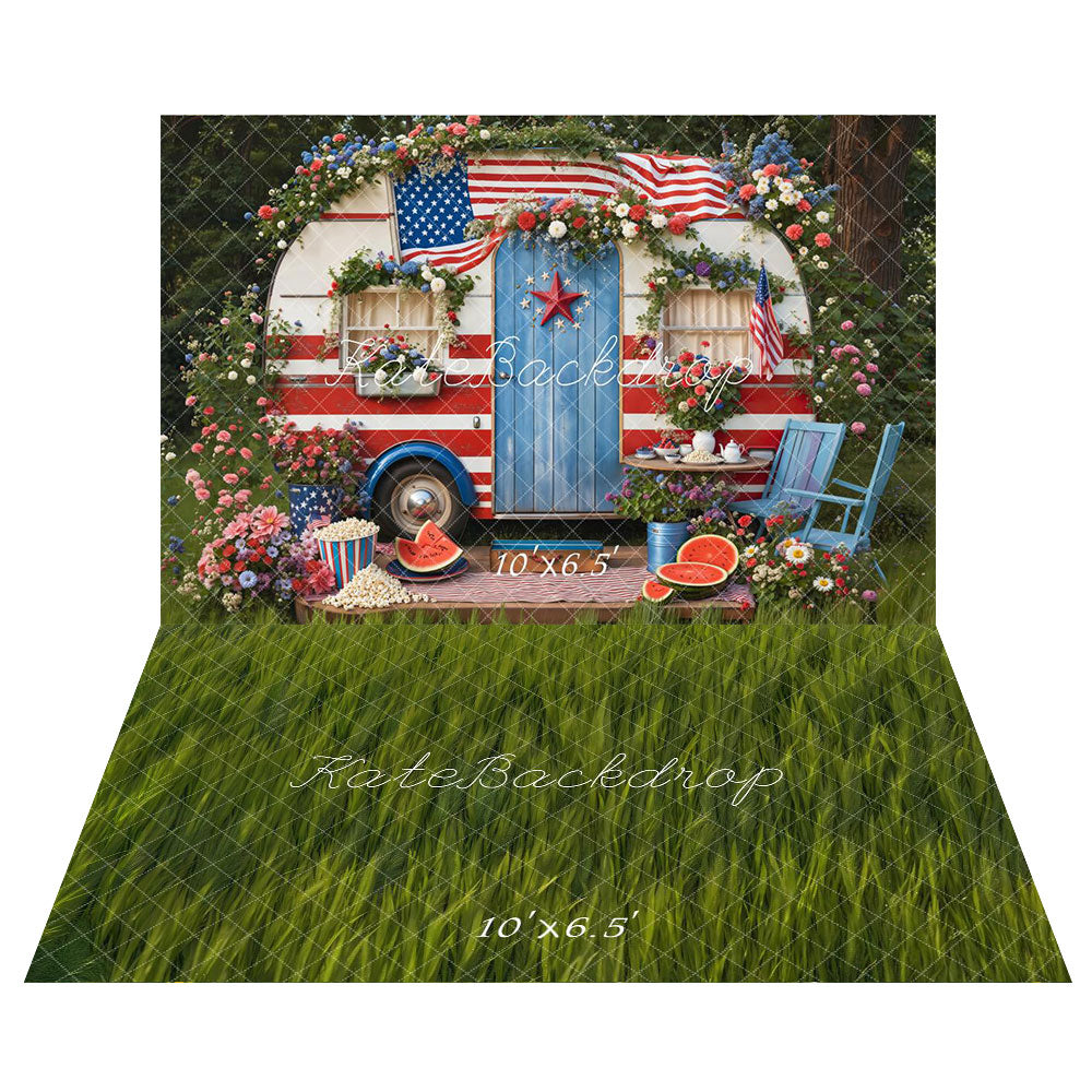 Kate Independence Day Camper Watermelon Backdrop+Spring Green Grass Field Floor Backdrop