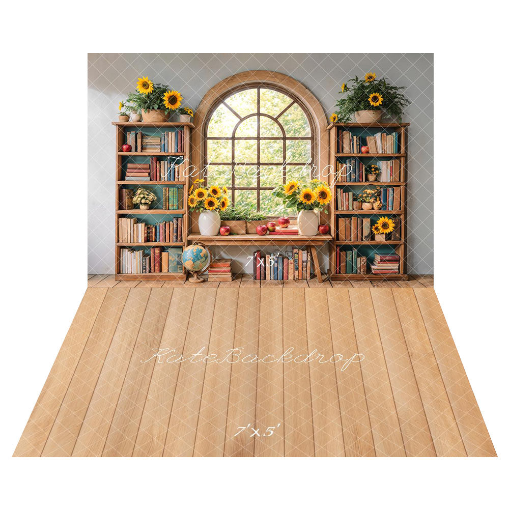 Kate Graduation Sunflower Bookshelf Window Backdrop+Light Brown Wooden Pattern Floor Backdrop