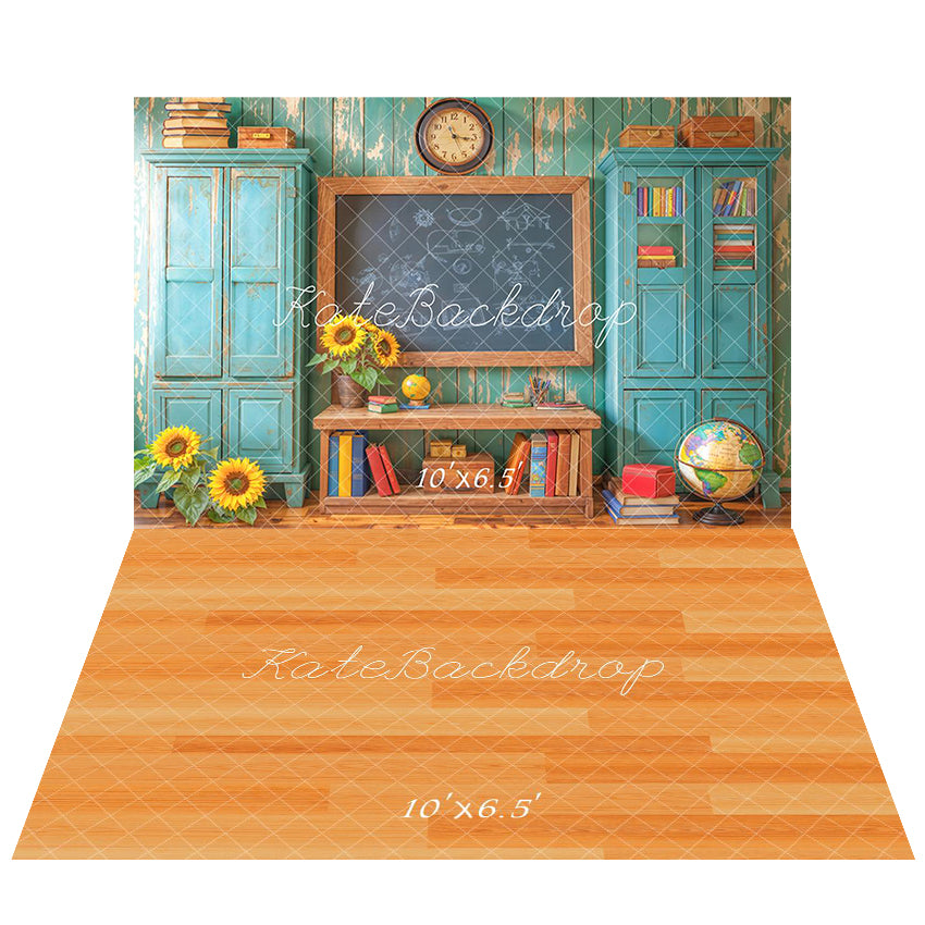 Kate Graduation Chalkboard Vintage Blue Cabinets Backdrop+Orange Wooden Floor Backdrop