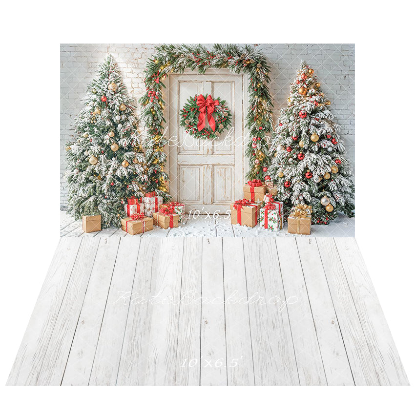Kate Christmas Tree Door Snowy Gifts White Backdrop+ White Wooden Floor Backdrop