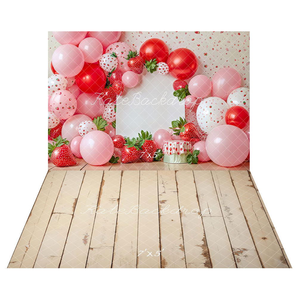 Kate Cake Smash Summer Strawberry Balloon Backdrop+Cream Shabby Wooden Grain Floor Backdrop