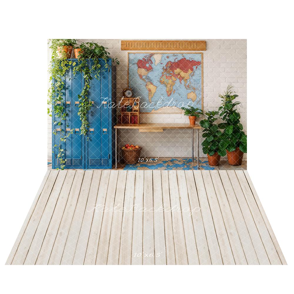 Kate Graduation School Classroom Map Plants Lockers Backdrop+Light Beige Wooden Floor Backdrop