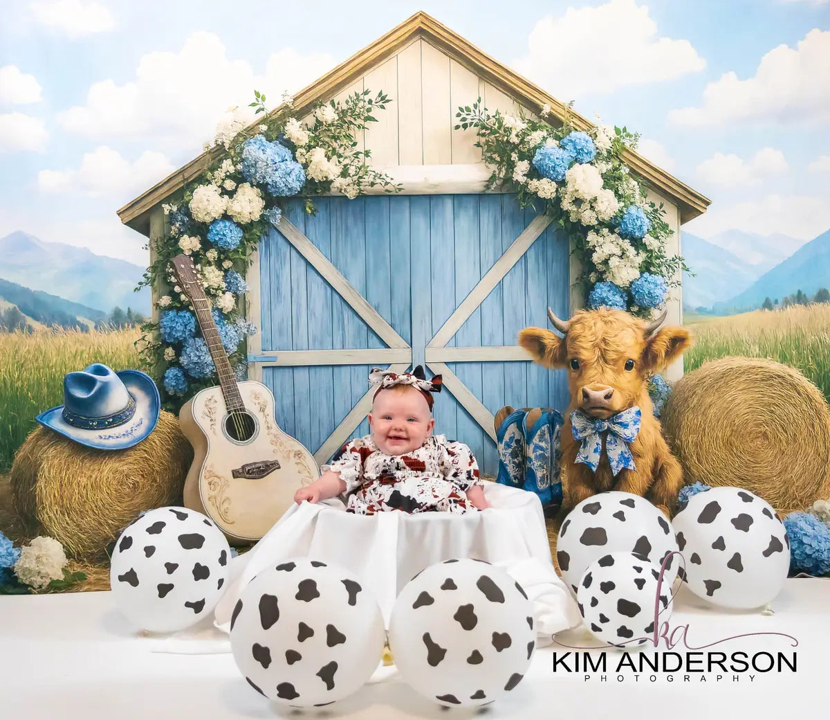 Kate Country Outdoor Barn Floral Cow Printed Backdrop Designed by Ashley Paul