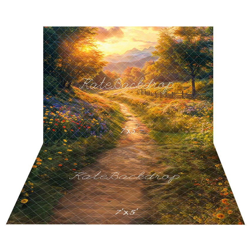 Kate Fall Forest Flowers Pathway Sunset Backdrop+Summer Flower Path Floor Backdrop