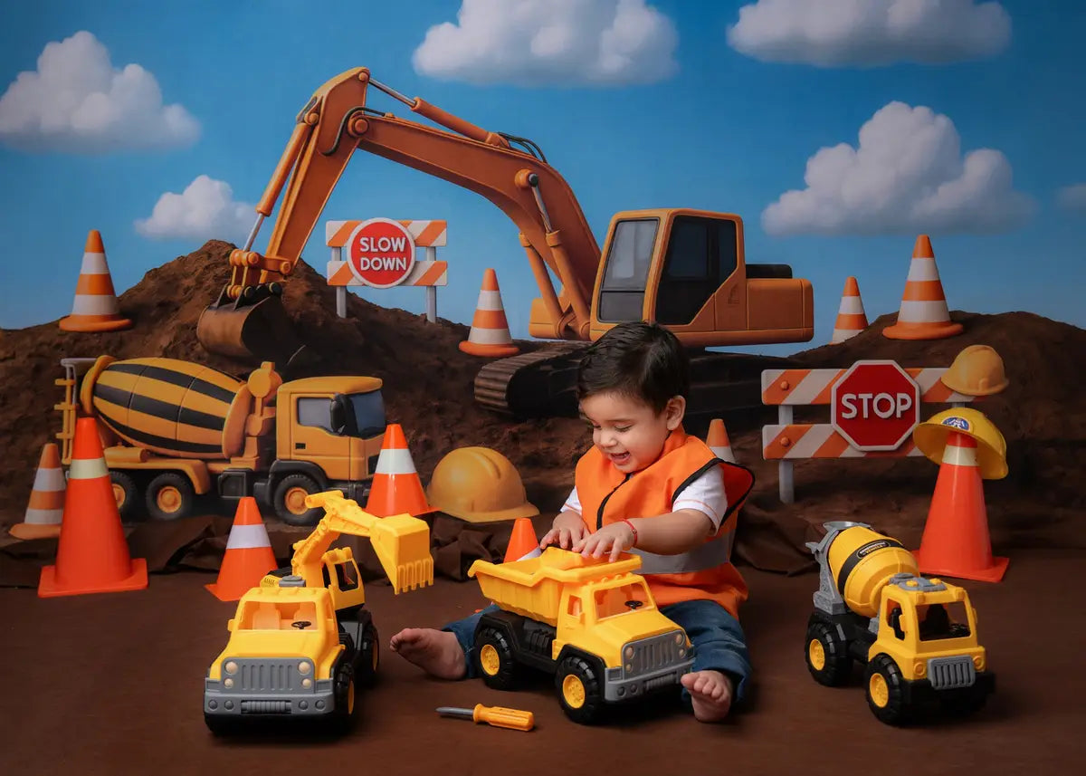 Kate Cake Smash Construction Site Excavator Vehicle Backdrop Designed by Ashley Paul