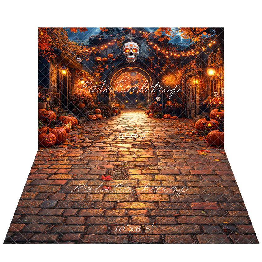 Kate Halloween Town Pumpkin Skull Lights Backdrop+Fall Cobblestone Leaves Floor Backdrop