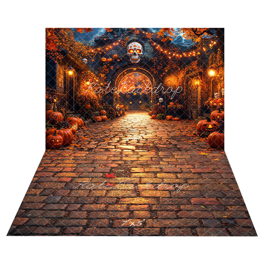 Kate Halloween Town Pumpkin Skull Lights Backdrop+Fall Cobblestone Leaves Floor Backdrop