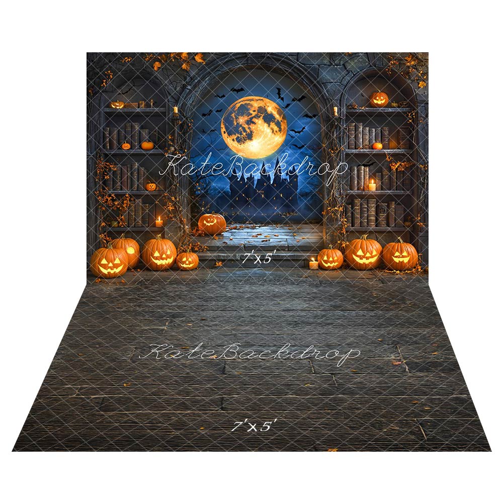 Kate Halloween Pumpkin Moon Vintage Bookshelf Backdrop+Dark Wood Floor Backdrop