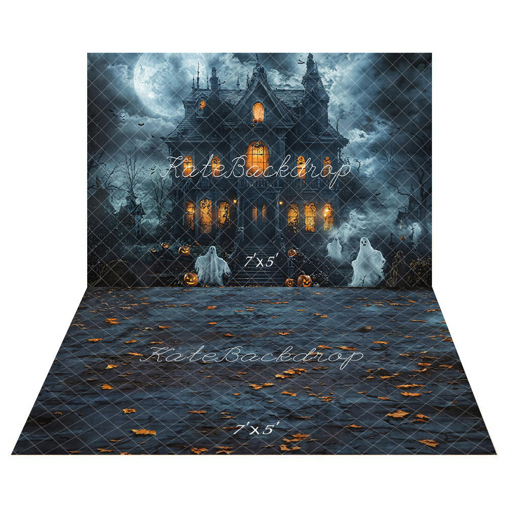 Kate Halloween Night Haunted House Spooky Backdrop+Fall Night Leaves Dark Floor Backdrop