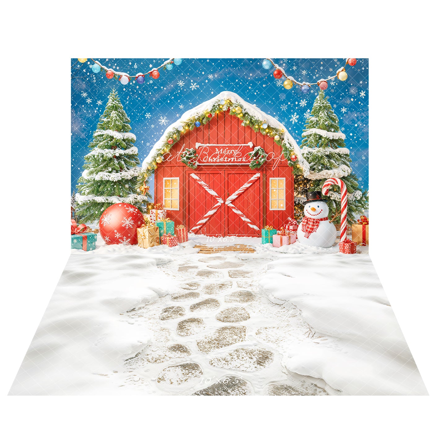 Kate Christmas Tree Barn Snowman Ornaments Backdrop+Winter Snow Cobblestone Path Floor Backdrop