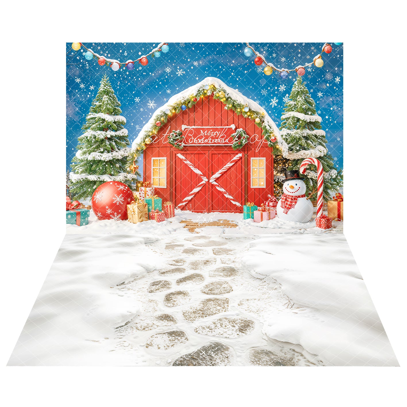Kate Christmas Tree Barn Snowman Ornaments Backdrop+Winter Snow Cobblestone Path Floor Backdrop