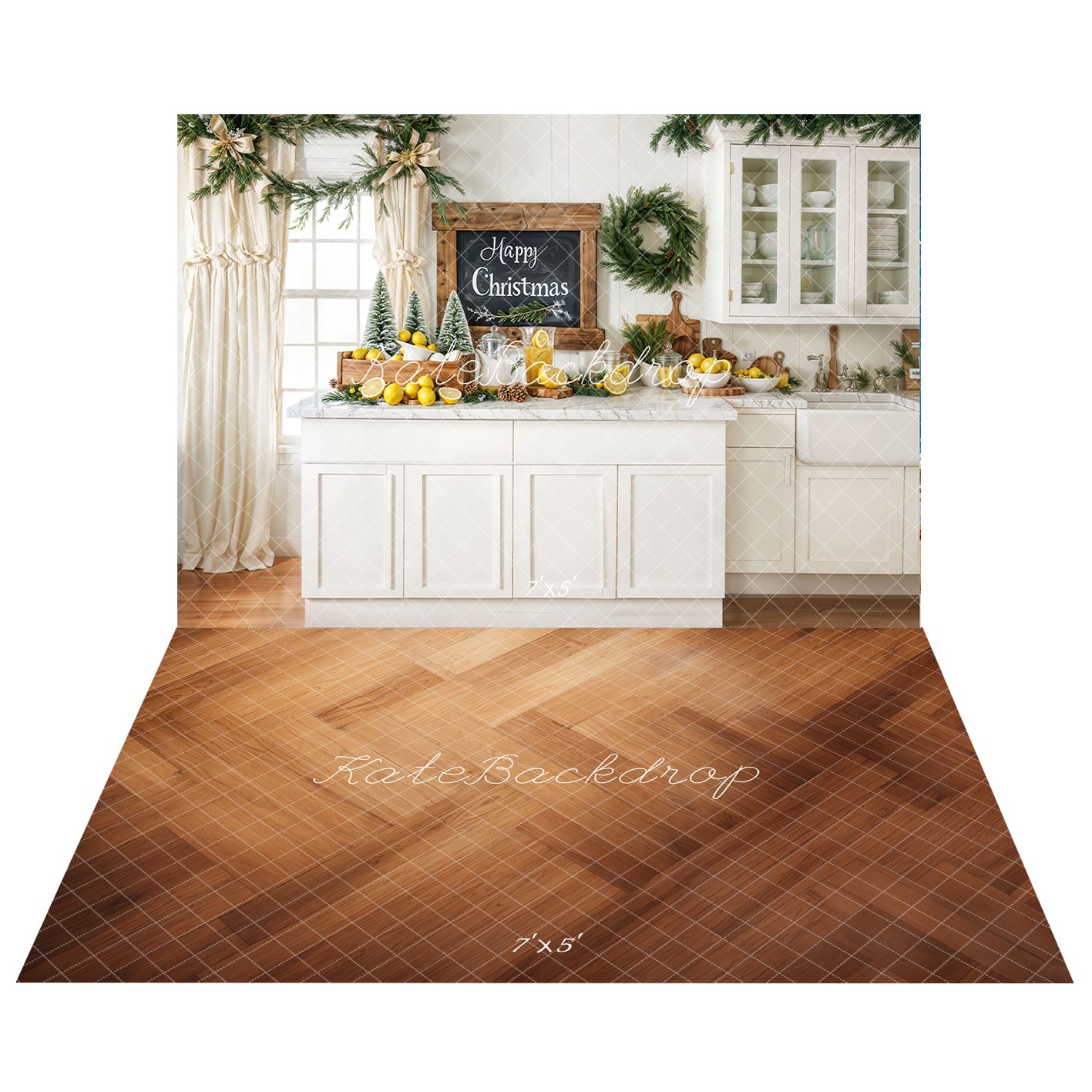 Kate Christmas White Kitchen Cabinets Lemons Backdrop+Wooden Texture Floor Backdrop