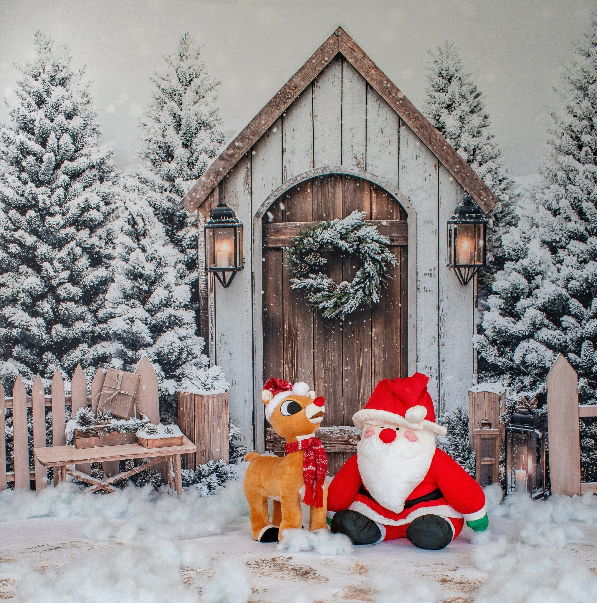 Kerst Winter Cabin Sneeuwige Hek Foto Achtergrond Designed by Emetselch