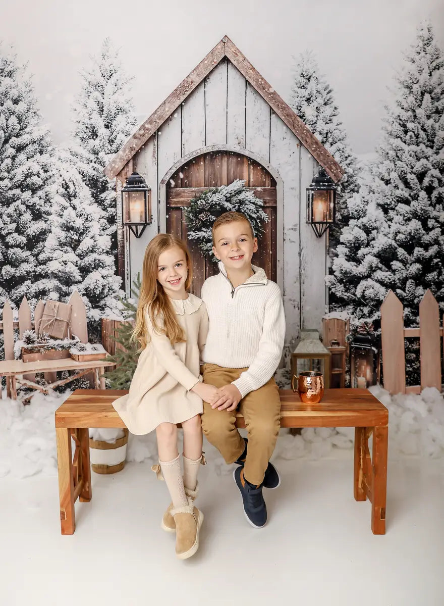 Kerst Winter Cabin Sneeuwige Hek Foto Achtergrond Designed by Emetselch