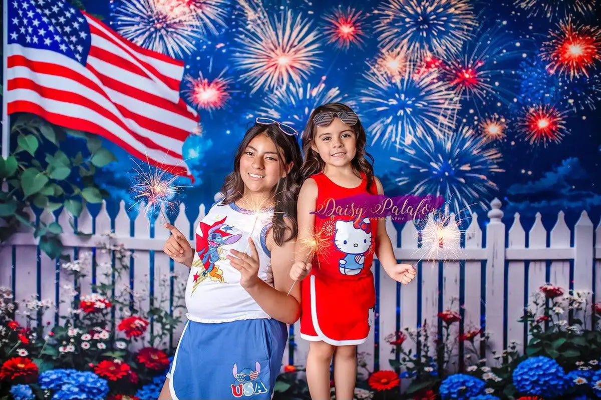 Kate Independence Day Fireworks American Flag Fence Backdrop Designed by Emetselch