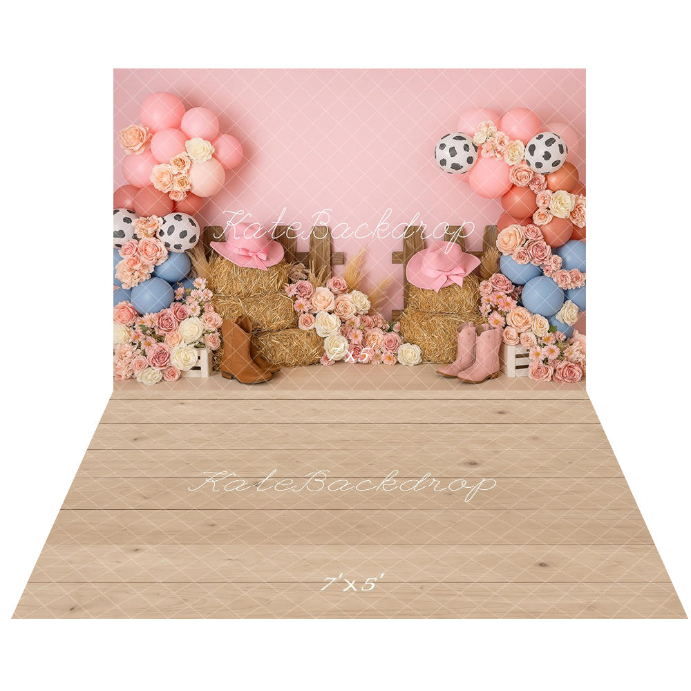 Kate Birthday Western Cowgirl Flowers Pink Backdrop+Wood Plank Floor Backdrop