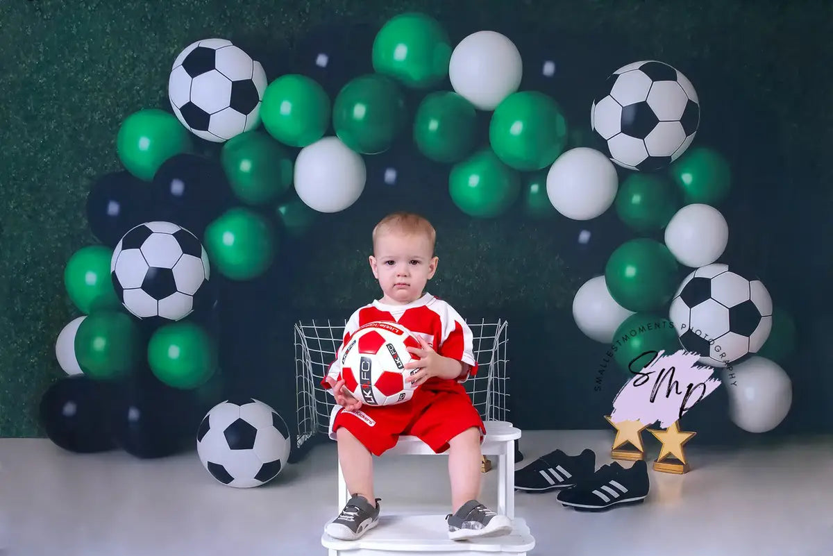 Kate Cake Smash Soccer Balloon Arch Green Backdrop Designed by Patty Roberts
