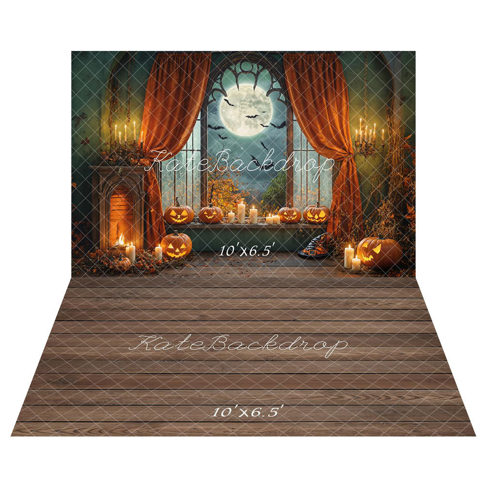 Kate Halloween Moon Pumpkin Lantern Candles Backdrop+Wood Brown Floor Backdrop