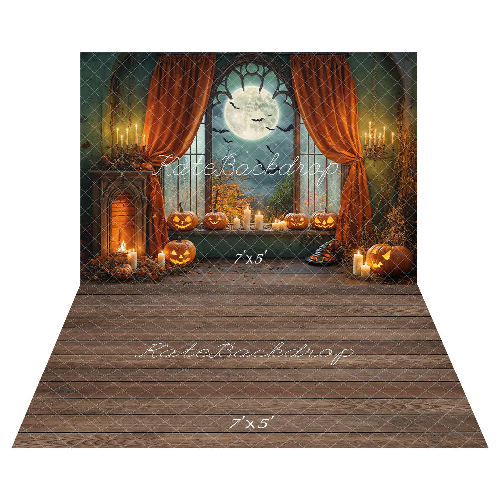 Kate Halloween Moon Pumpkin Lantern Candles Backdrop+Wood Brown Floor Backdrop