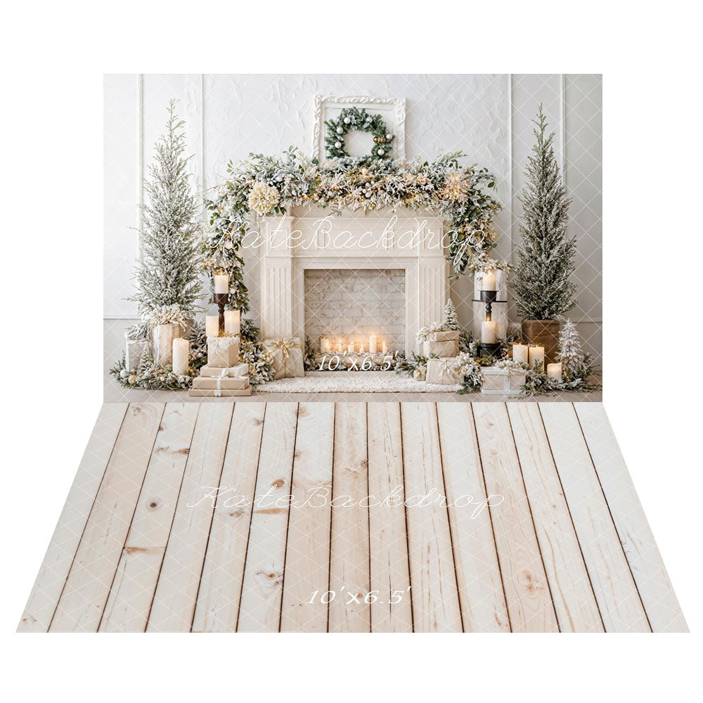 Kate Christmas White Fireplace Garland Candles Backdrop+White Wooden Floor Backdrop