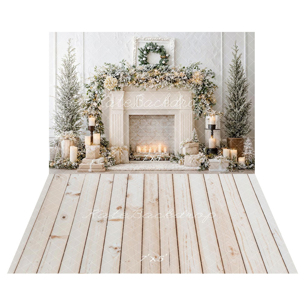 Kate Christmas White Fireplace Garland Candles Backdrop+White Wooden Floor Backdrop