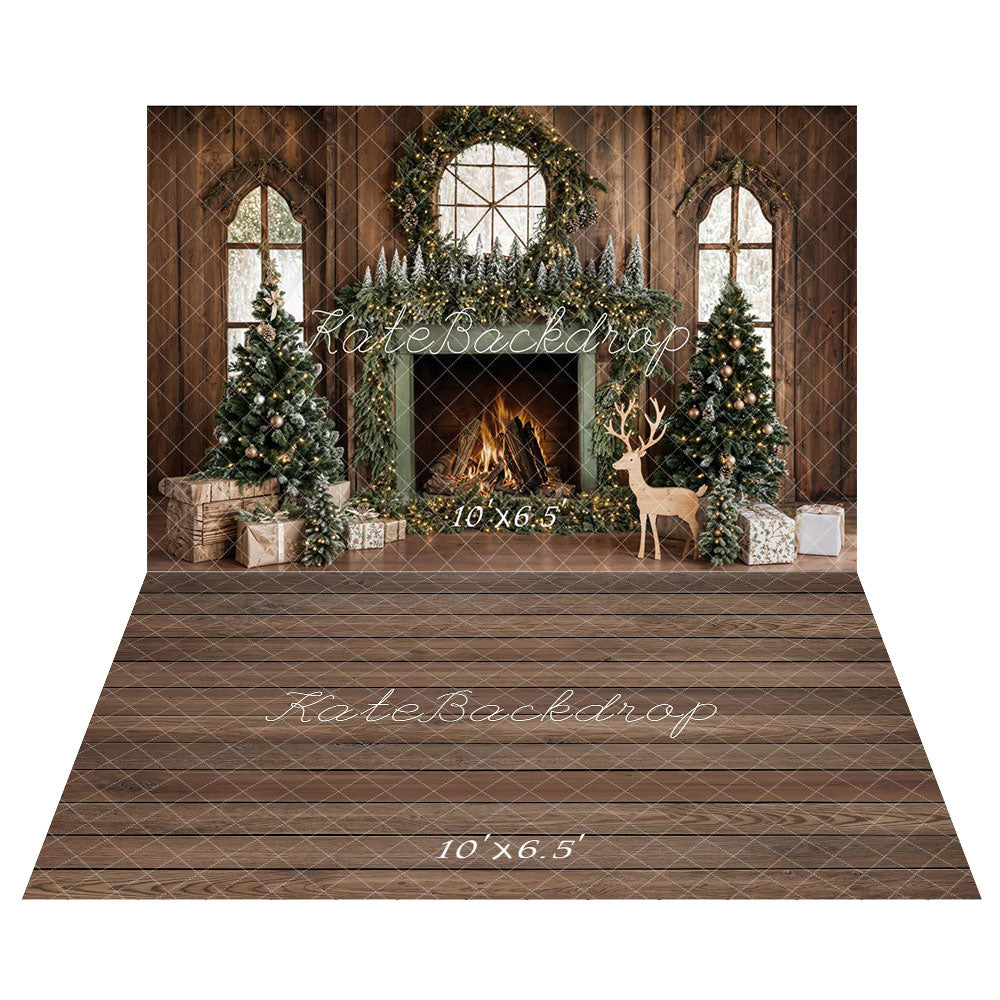 Kate Christmas Tree Wood Fireplace Wreath Deer Backdrop Designed by Emetselch