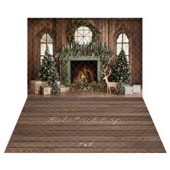Kate Christmas Tree Wood Fireplace Wreath Deer Printed Backdrop+Wood Brown Floor Printed Backdrop