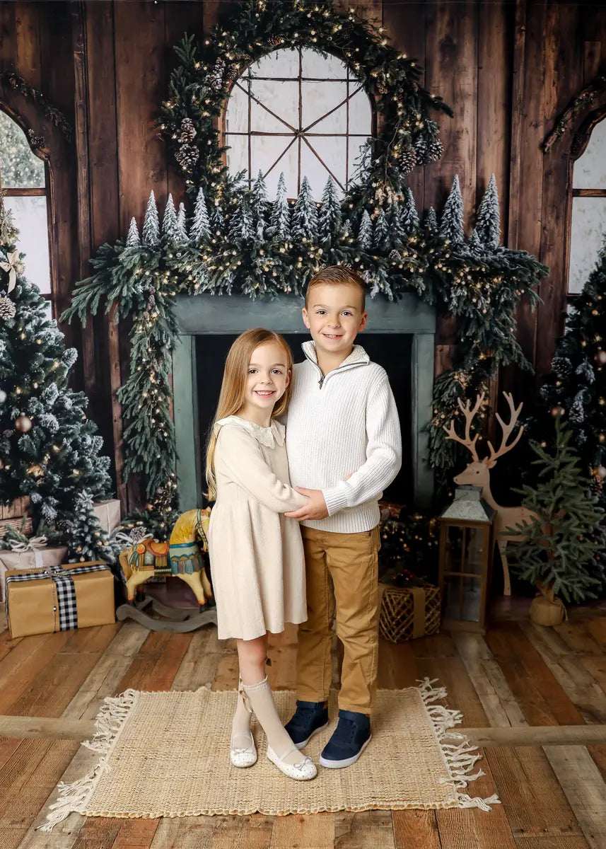 Kate Christmas Tree Wood Fireplace Wreath Deer Backdrop Designed by Emetselch