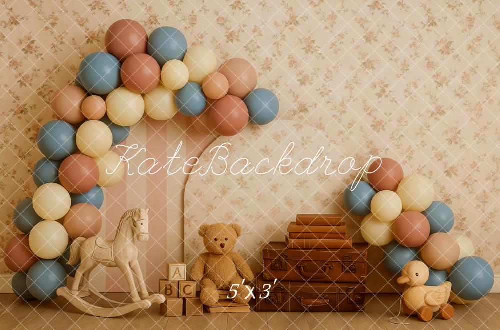Kate Cake Smash Vintage Teddy Bear Suitcase Balloon Backdrop Designed by Patty Roberts