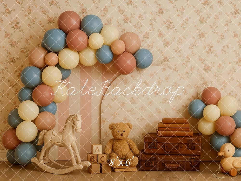 Kate Cake Smash Vintage Teddy Bear Suitcase Balloon Backdrop Designed by Patty Roberts