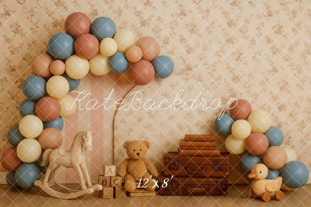 Kate Cake Smash Vintage Teddy Bear Suitcase Balloon Backdrop Designed by Patty Roberts