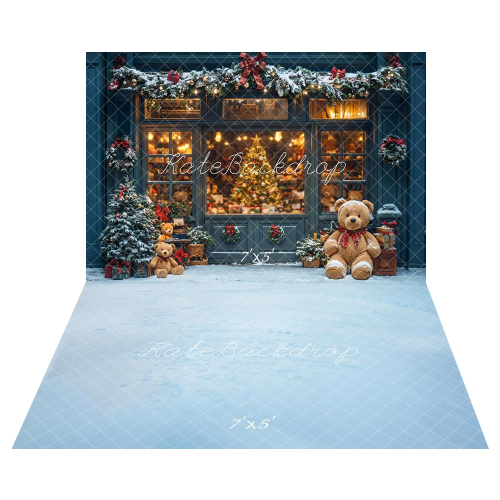 Kate Christmas Tree Shop Teddy Bear Window Backdrop+Winter Ice Blue Floor Backdrop
