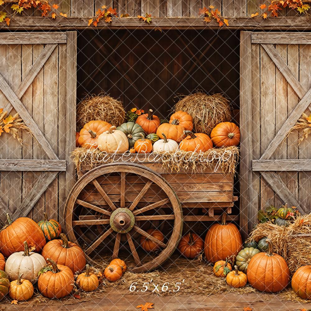 Pannello di sfondo con zucche d'autunno, porta di granaio e foglie d'acero progettato da Emetselch