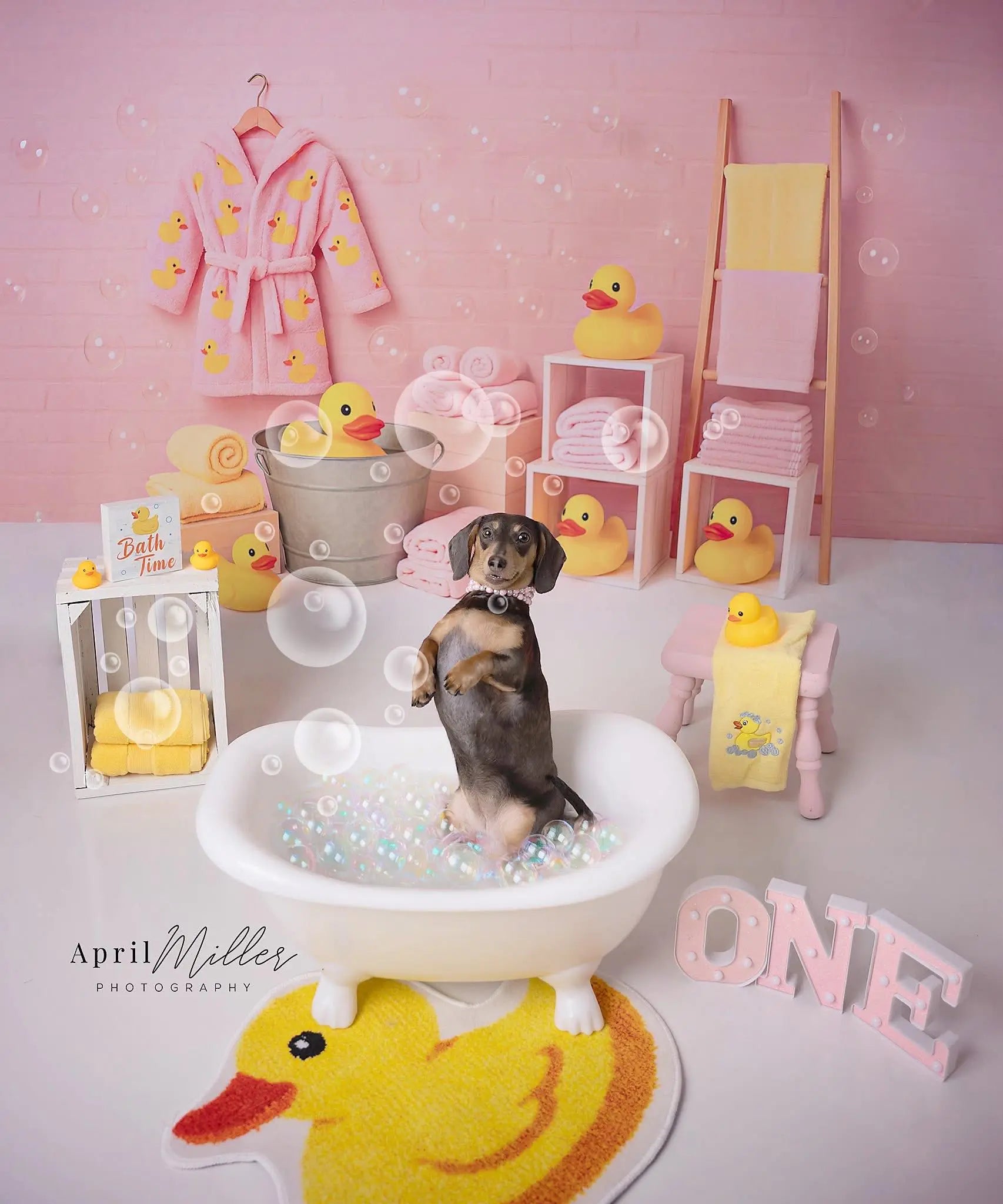 Kate Baby Shower Cake Smash Pink Duck Bath Printed Backdrop Designed by Ashley Paul