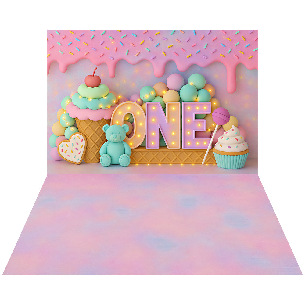 Eerste Verjaardag Cupcake Candy Pink Foto Achtergrond+Roze Pastel Gradient Patroon Vloer Foto Achtergrond Designed by