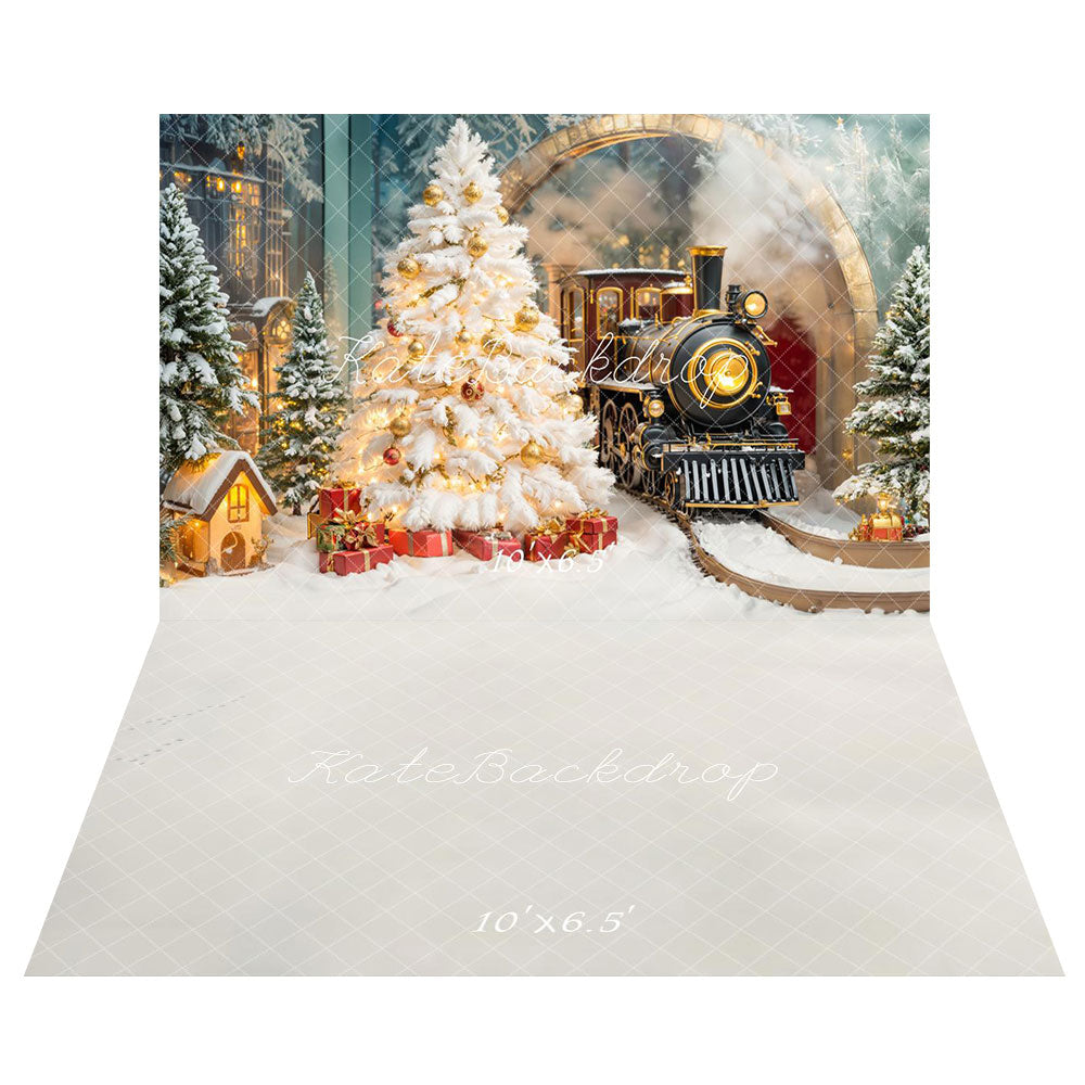 Kate Christmas Tree Polar Train Arch Gifts Backdrop+Winter Polar Train Snowy Tracks Floor Backdrop