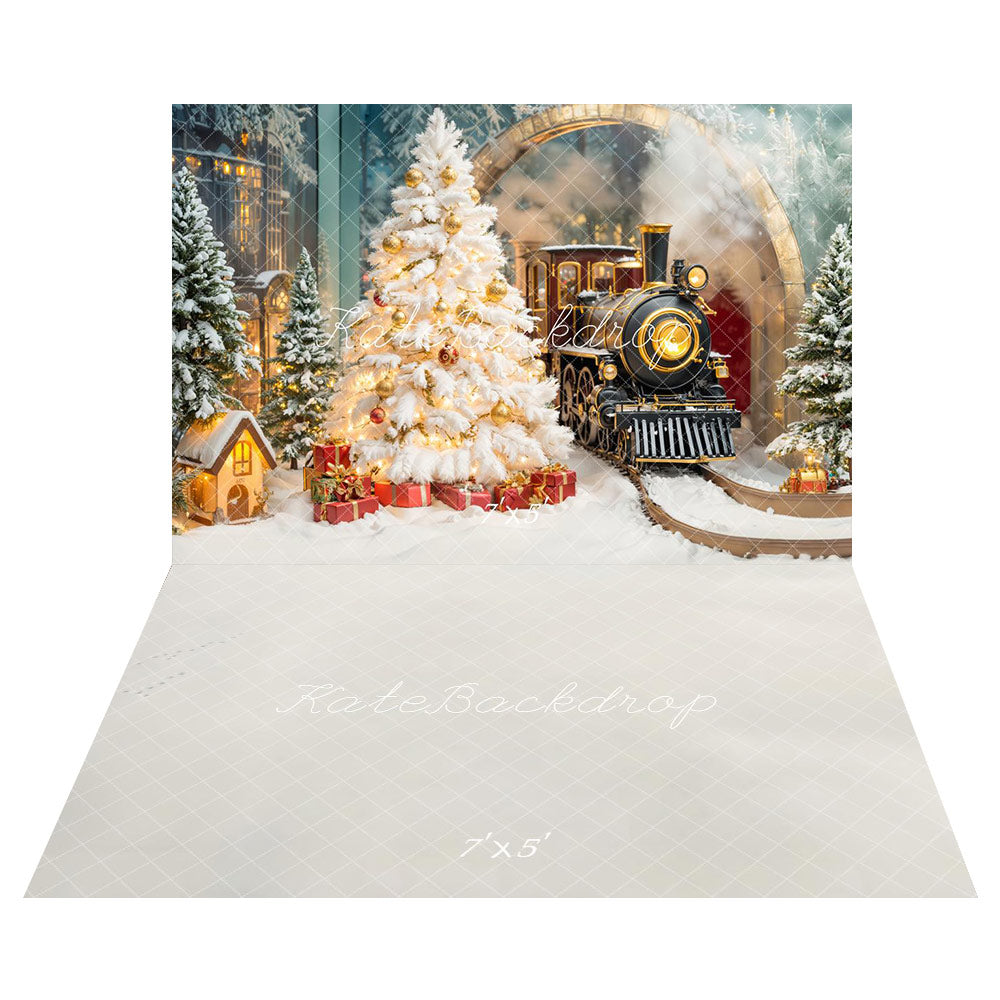 Kate Christmas Tree Polar Train Arch Gifts Backdrop+Winter Polar Train Snowy Tracks Floor Backdrop