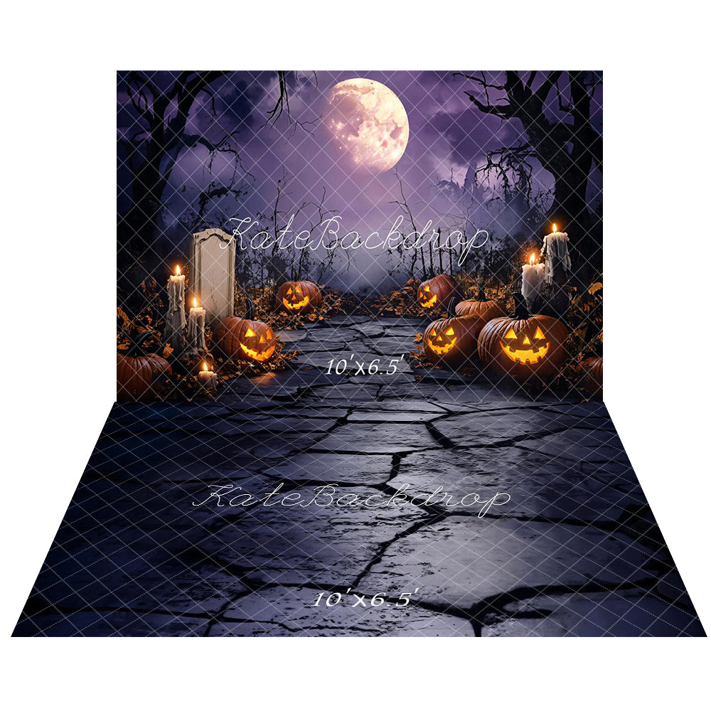 Kate Halloween Moon Cemetery Spooky Pumpkin Backdrop+Dark Night Cobblestone Floor Backdrop
