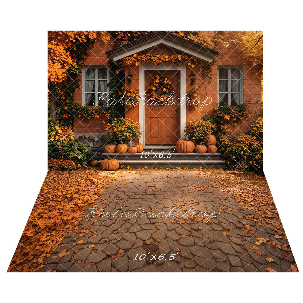 Kate Fall Pumpkin House Doorway Maple Leaves Backdrop+Fall Cobblestone Leaves Floor Backdrop