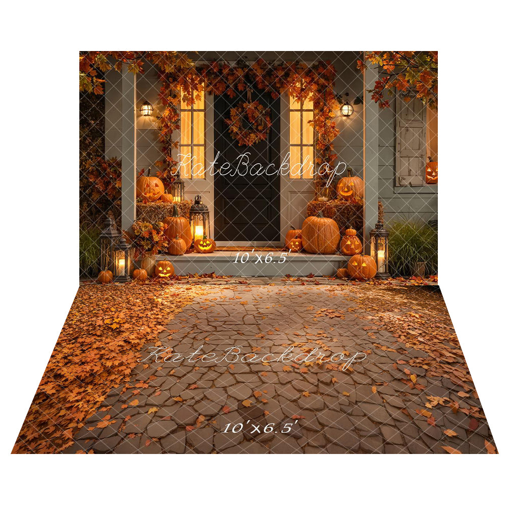 Kate Halloween Porch Wreath Pumpkin Lanterns Backdrop+Fall Cobblestone Leaves Floor Backdrop