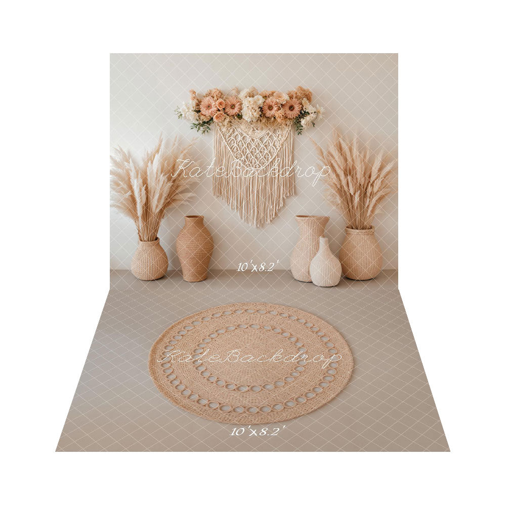 Kate Boho Floral Macrame Pampas Grass Backdrop+Bohemian Straw Circle Floor Backdrop