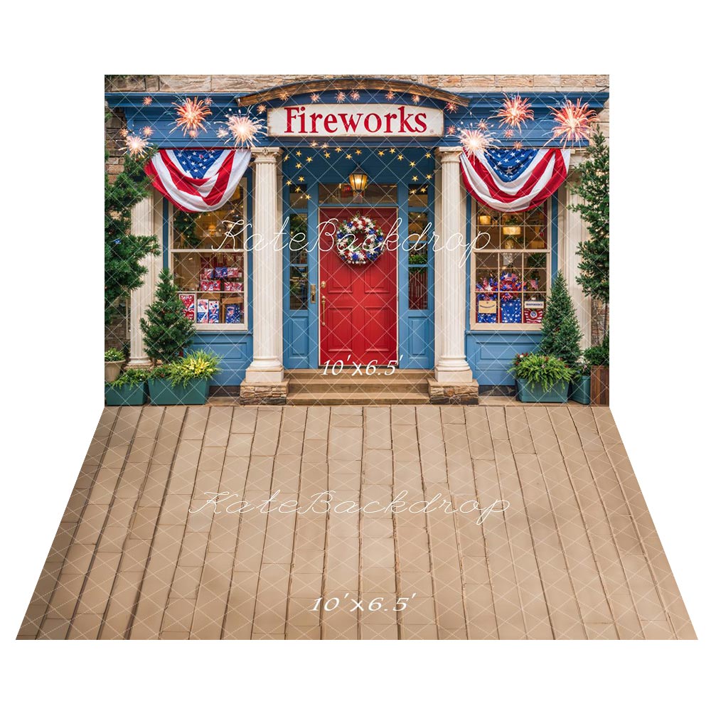 Kate Independence Day Fireworks Storefront Flag Backdrop+Beige Stone Tiles Floor Backdrop