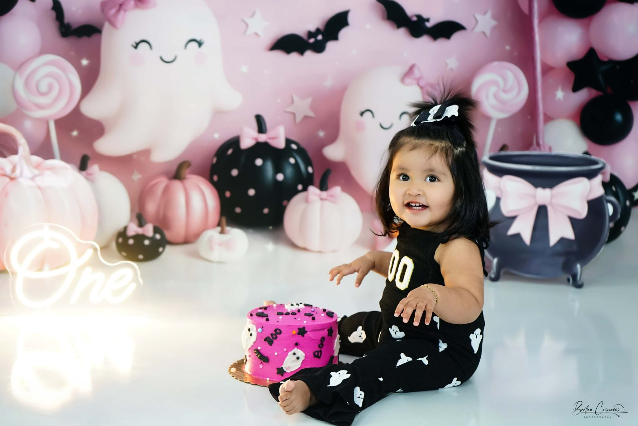 Halloween Cake Smash Pink Ghost Balloons Backdrop Designed by Ashley Paul