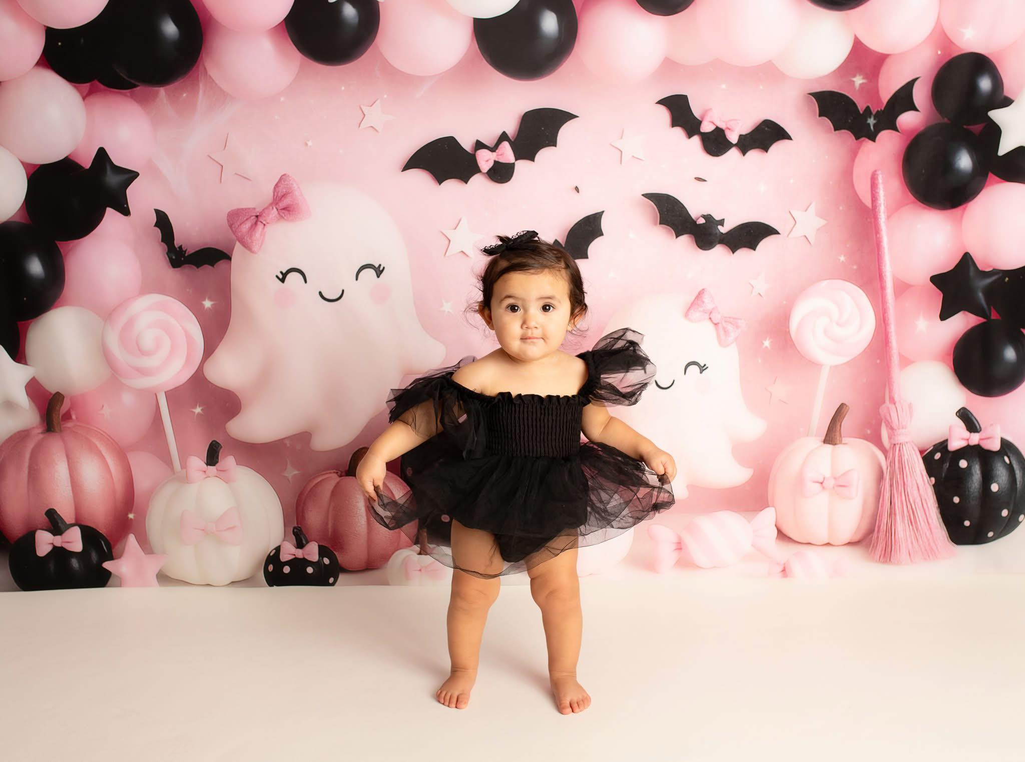 Halloween Cake Smash Pink Ghost Balloons Backdrop Designed by Ashley Paul