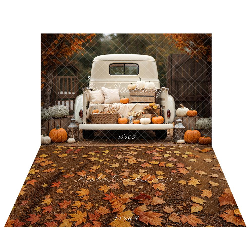 Kate Fall Truck Pumpkin Pillows Backdrop+Fall Maple Leaves Ground Floor Backdrop