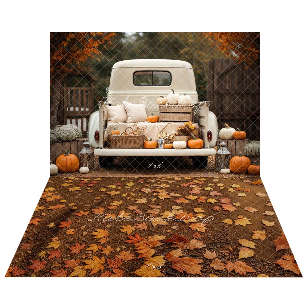 Kate Fall Truck Pumpkin Pillows Backdrop+Fall Maple Leaves Ground Floor Backdrop